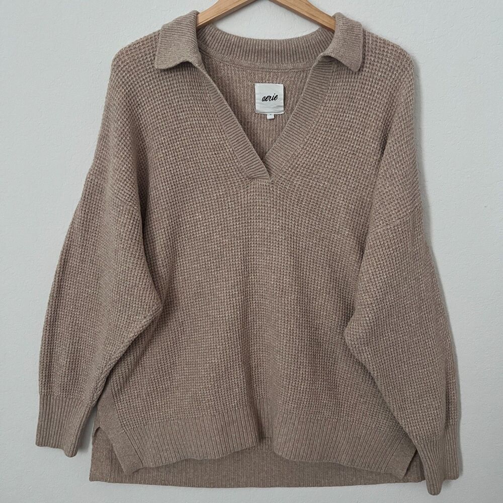 Aerie CozyUp Waffle Knit Polo Sweater Womens XL Heather Fawn Beige Cozy Lounge